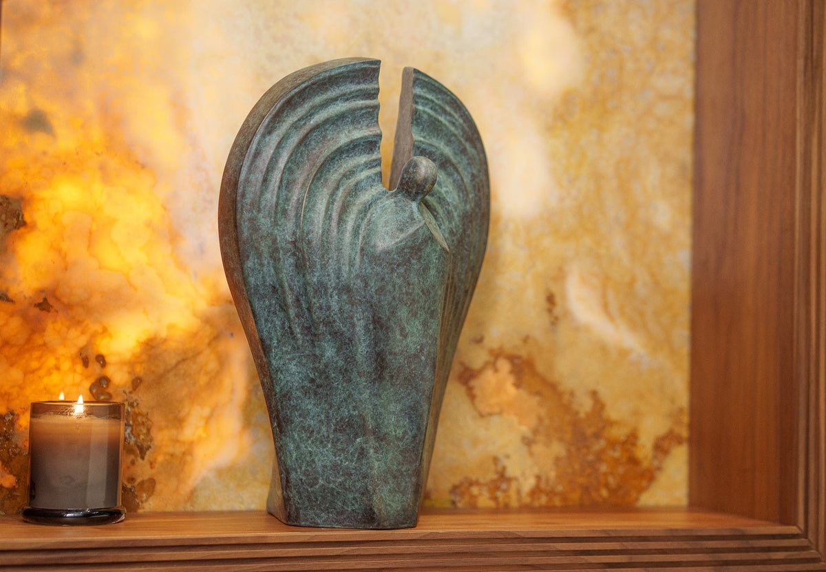 Cast bronze cremation urn "Guardian" in green patina