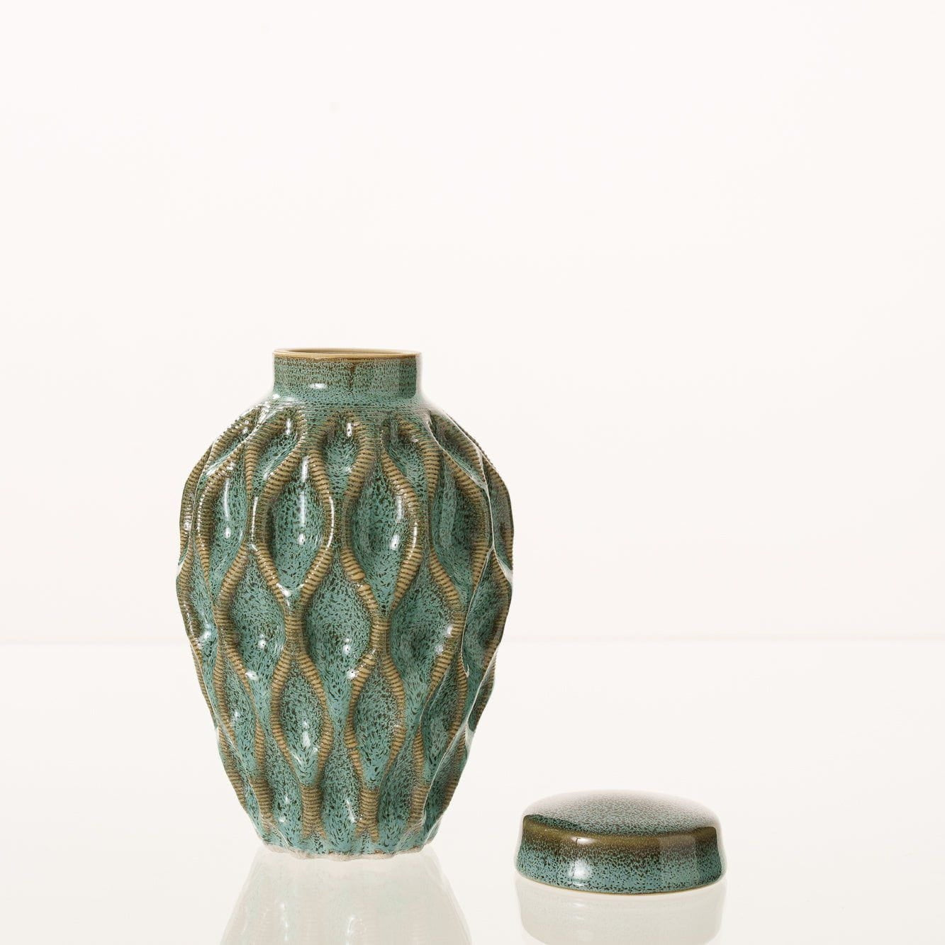 Cremation Urn "Echo" - 3D Printed Ceramic Urn | Oily Green Melange | Keepsake - Pulvis Art Urns