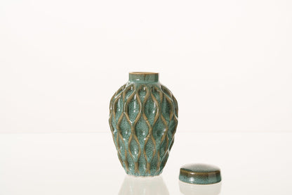 Cremation Urn "Echo" - 3D Printed Ceramic Urn | Oily Green Melange | Keepsake - Pulvis Art Urns