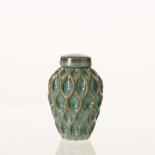 Cremation Urn "Echo" - 3D Printed Ceramic Urn | Oily Green Melange | Keepsake - Pulvis Art Urns