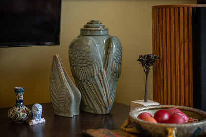 Handmade Cremation Keepsake Urn "Wings" - Small Urn | Oily Green Melange | Ceramic - Pulvis Art Urns
