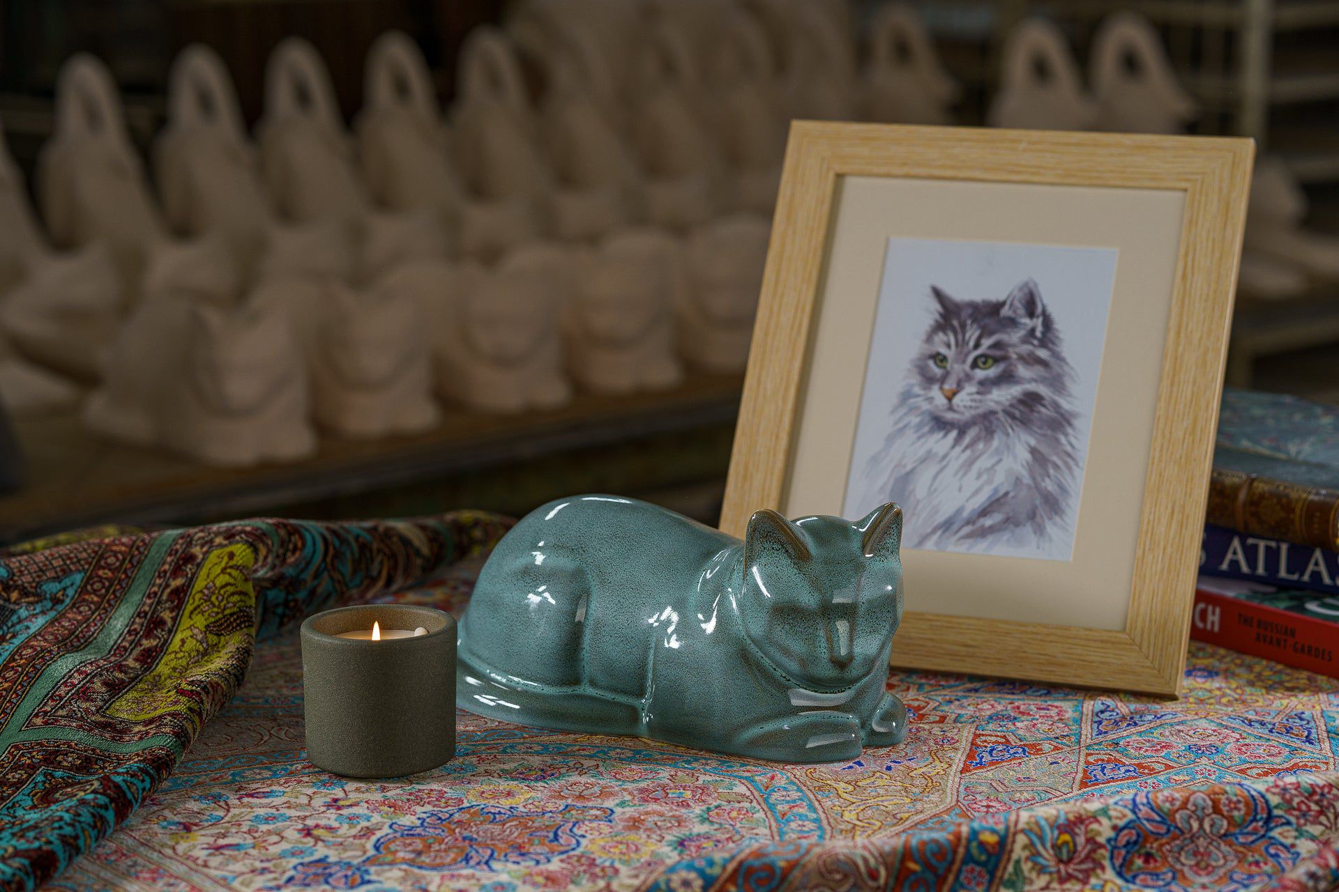 Cat Memorial Bundle - 4 Pieces - Portrait | Urn | Nameplate Holder | Scented Candle - Pulvis Art Urns