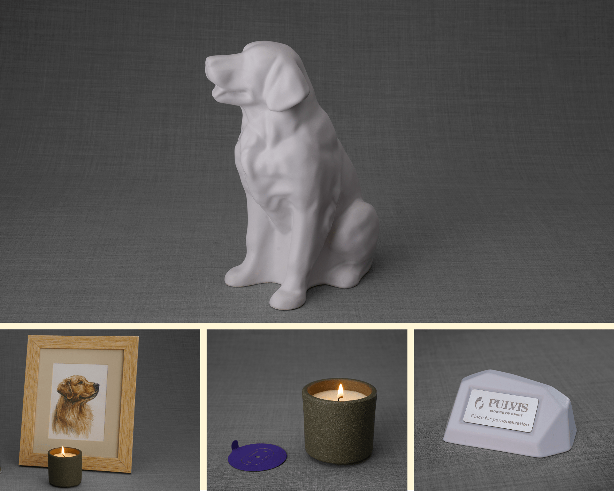 Golden Retriever Bundle - 4 Pieces - Portrait | Urn | Nameplate Holder | Scented Candle - Pulvis Art Urns