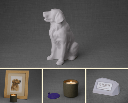 Golden Retriever Bundle - 4 Pieces - Portrait | Urn | Nameplate Holder | Scented Candle - Pulvis Art Urns