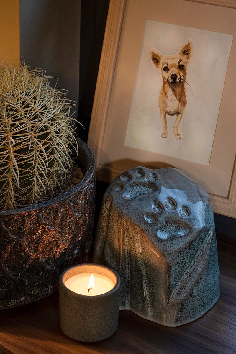Paw Print Memorial Bundle - 4 Pieces - Portrait | Urn | Nameplate Holder | Scented Candle - Pulvis Art Urns