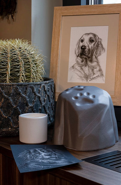 Paw Print Memorial Bundle - 4 Pieces - Portrait | Urn | Nameplate Holder | Scented Candle - Pulvis Art Urns