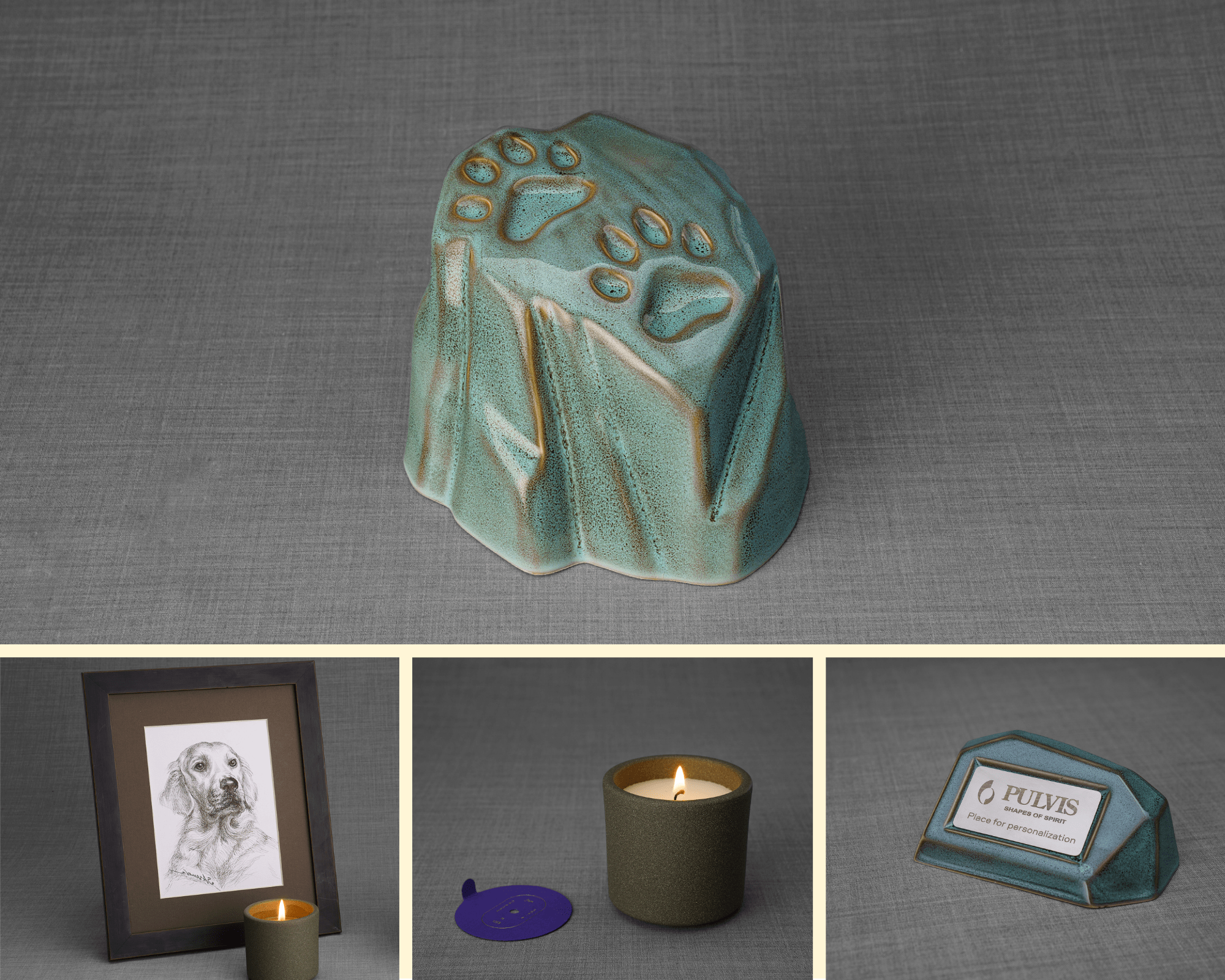 Paw Print Memorial Bundle - 4 Pieces - Portrait | Urn | Nameplate Holder | Scented Candle - Pulvis Art Urns