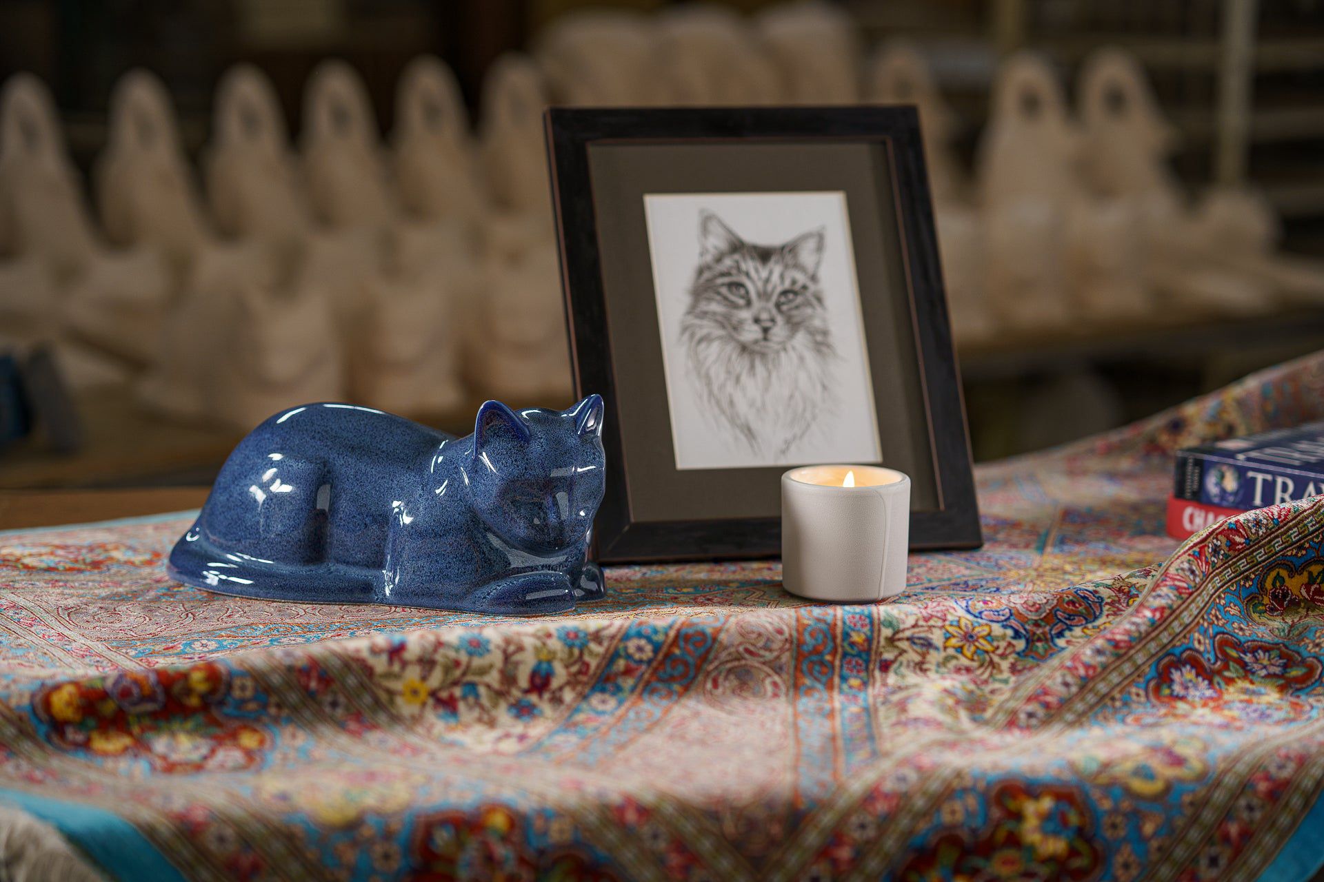 Mini Cat Memorial Bundle - 4 Pieces - Portrait | Urn | Nameplate Holder | Scented Candle - Pulvis Art Urns