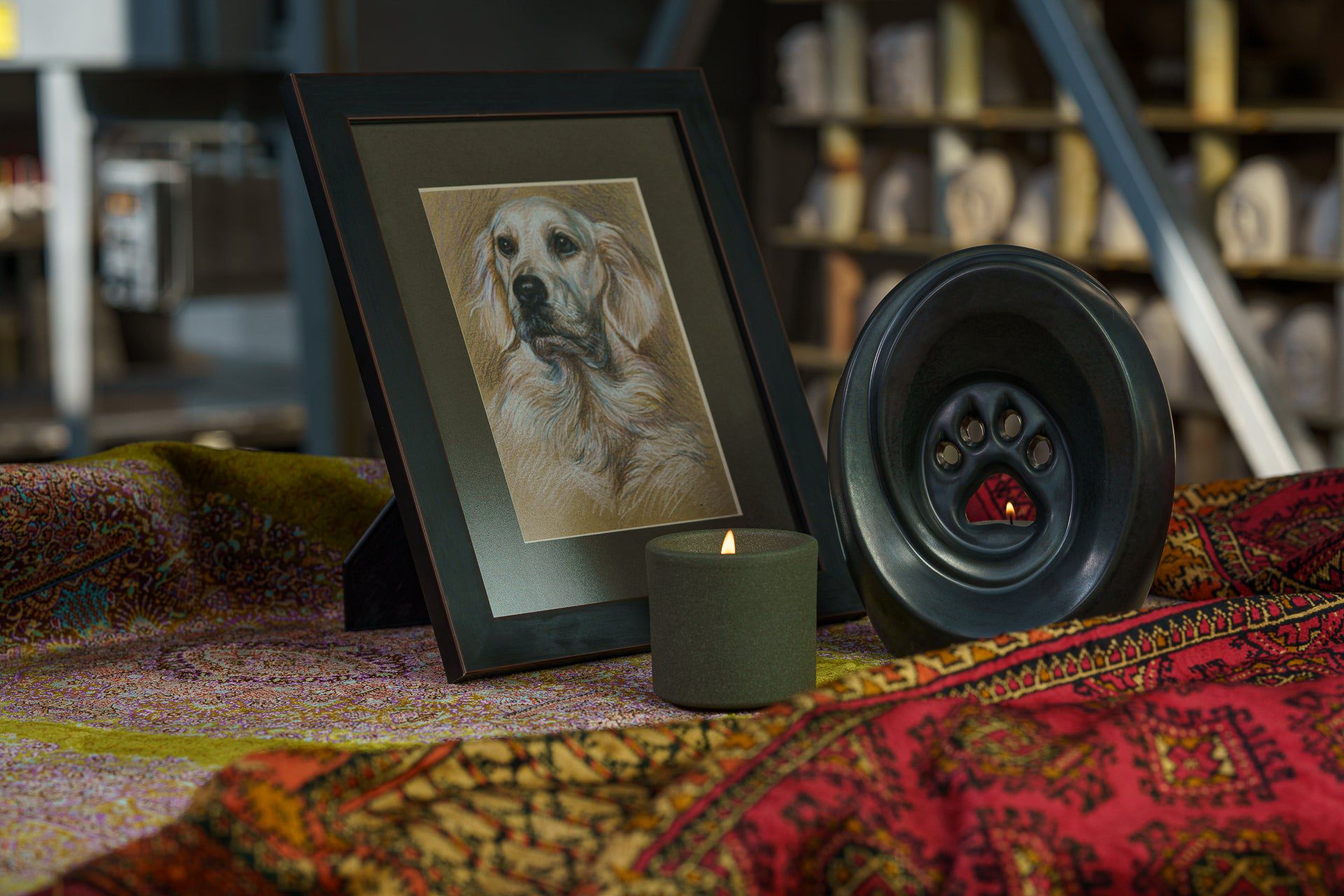 Paw Memorial Bundle - 4 Pieces - Portrait | Urn | Nameplate Holder | Scented Candle - Pulvis Art Urns