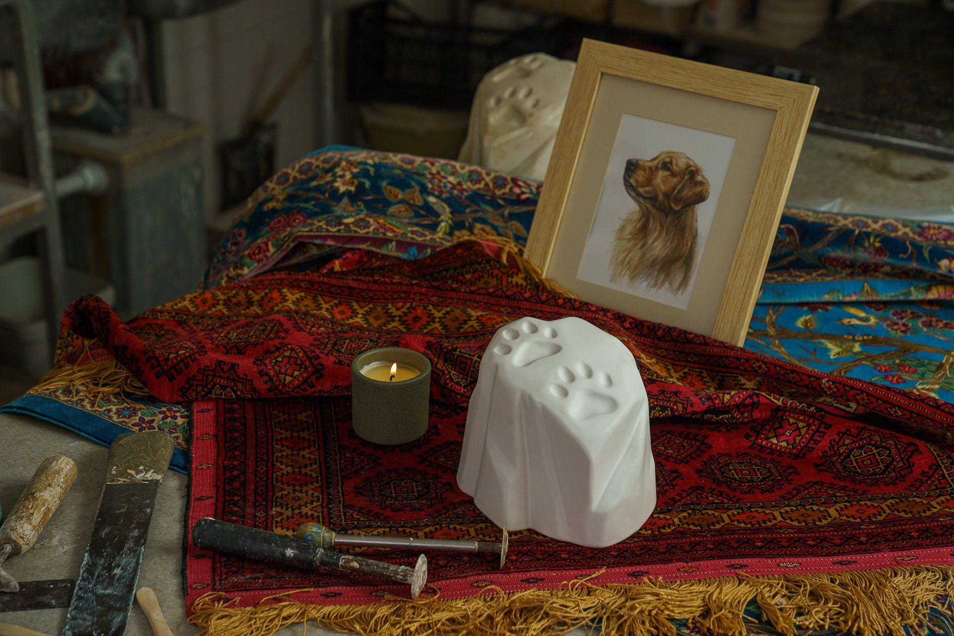 Paw Print Memorial Bundle - 4 Pieces - Portrait | Urn | Nameplate Holder | Scented Candle - Pulvis Art Urns