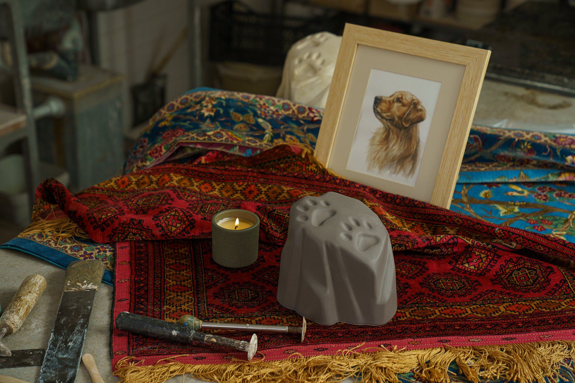 Paw Print Memorial Bundle - 4 Pieces - Portrait | Urn | Nameplate Holder | Scented Candle - Pulvis Art Urns