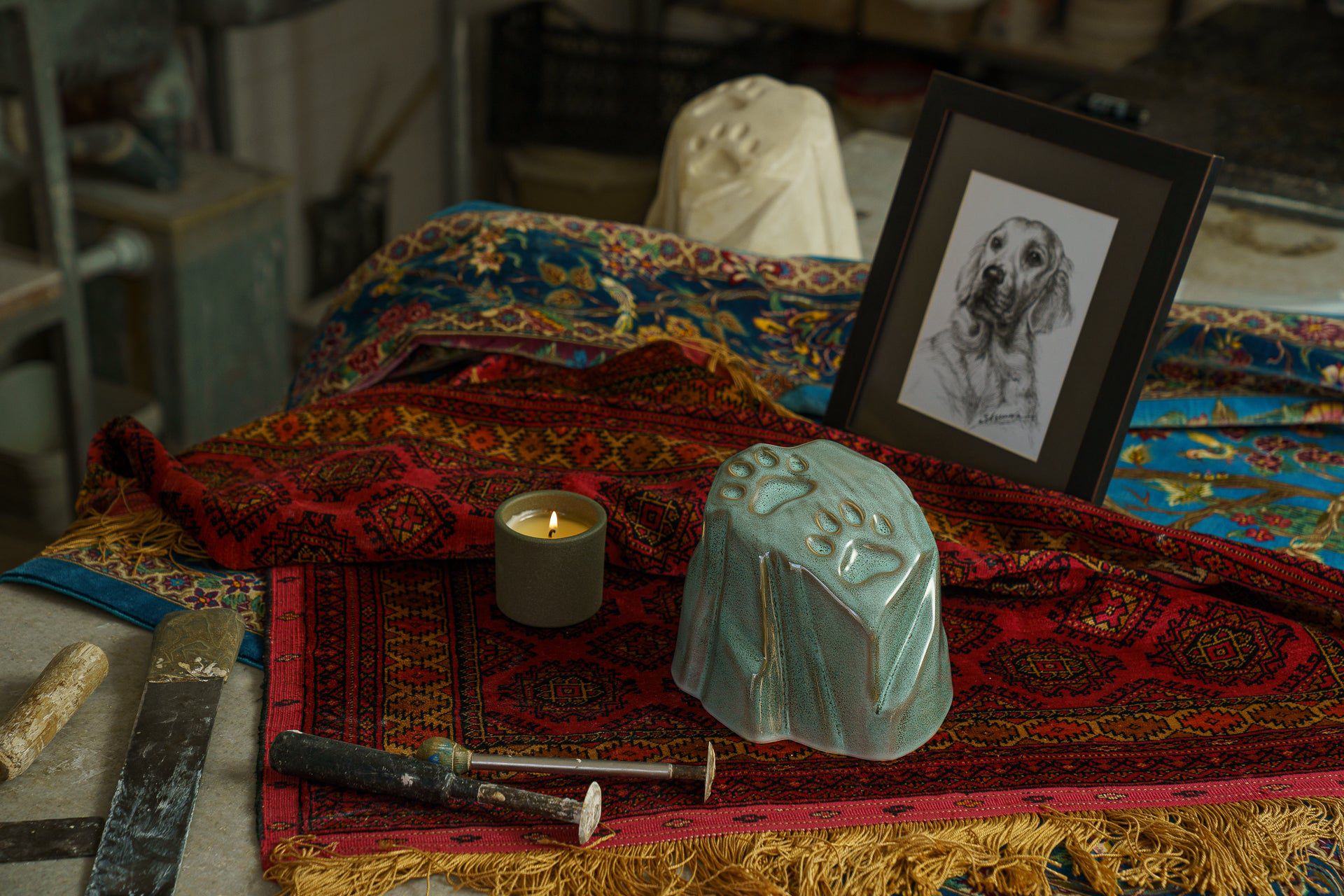 Paw Print Memorial Bundle - 4 Pieces - Portrait | Urn | Nameplate Holder | Scented Candle - Pulvis Art Urns