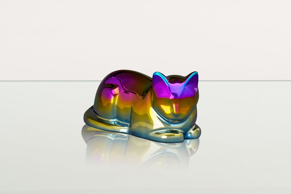 Pulvis Art Urns Pet Urn YES (+40$) / Rainbow Chrome Cat Cremation Urn for Ashes - Titanized | Ceramic | Handmade Pet Urn