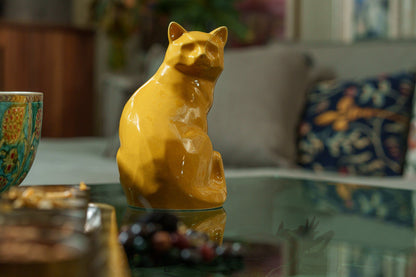 Felix Cat Urn for Ashes - Amber Yellow | Ceramic | Handmade Pet Urn - Pulvis Art Urns