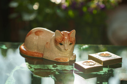 Hand Decorated Cat Urn for Ashes "Feathers" - Ceramic | Handmade Pet Urn - Pulvis Art Urns