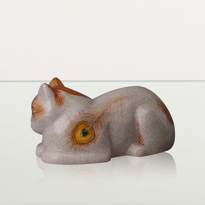 Hand Decorated Cat Urn for Ashes "Feathers" - Ceramic | Handmade Pet Urn - Pulvis Art Urns