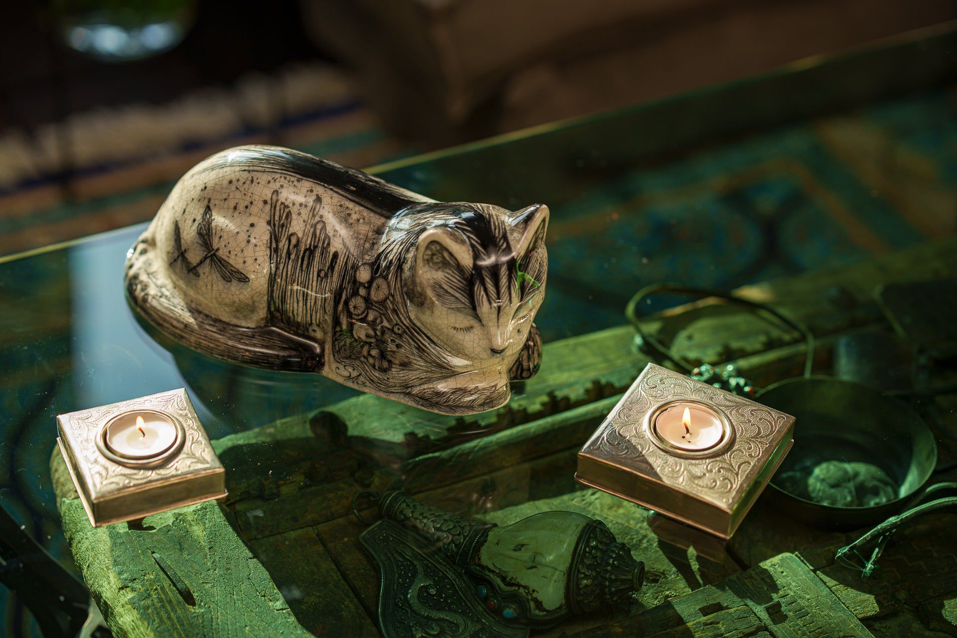 Hand Decorated Cat Urn for Ashes "Mystic" - Ceramic | Handmade Pet Urn - Pulvis Art Urns