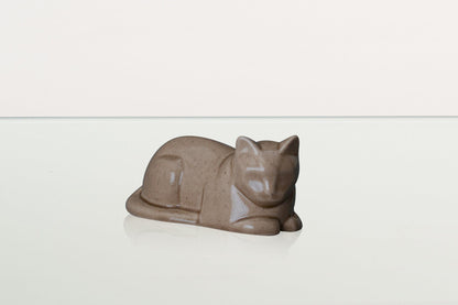 Mini Laying Cat Cremation Urn - Beige Grey | Ceramic Pet Urn - Pulvis Art Urns