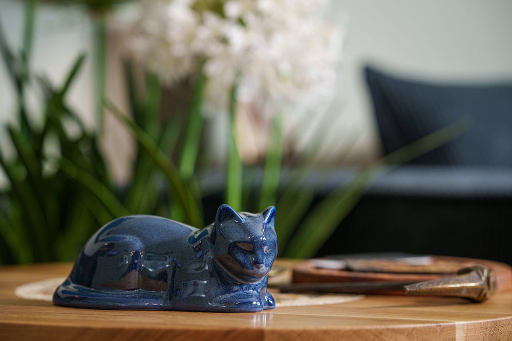 Pulvis Art Urns Pet Urn Mini Laying Cat Cremation Urn - Blue Melange  | Ceramic