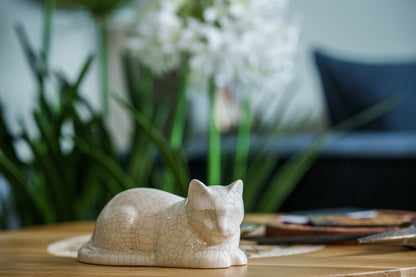 Mini Laying Cat Cremation Urn - Craquelure | Ceramic Pet Urn - Pulvis Art Urns