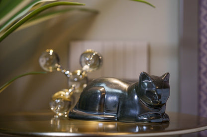 Mini Laying Cat Cremation Urn - Dark Matte | Ceramic Pet Urn - Pulvis Art Urns