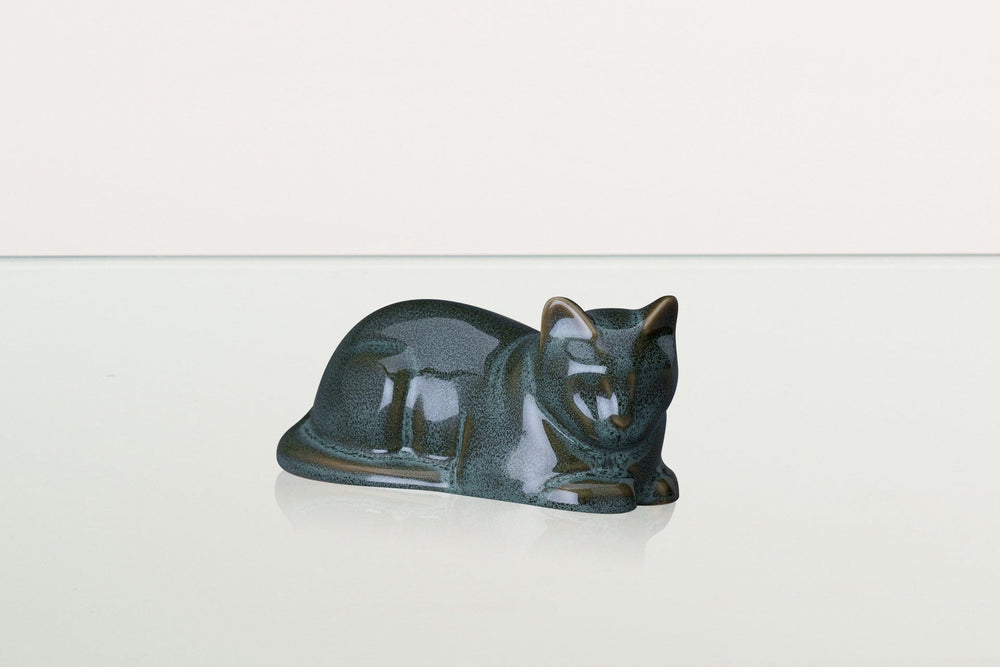 Pulvis Art Urns Pet Urn Mini Laying Cat Cremation Urn - Oily Green Melange | Ceramic Pet Urn