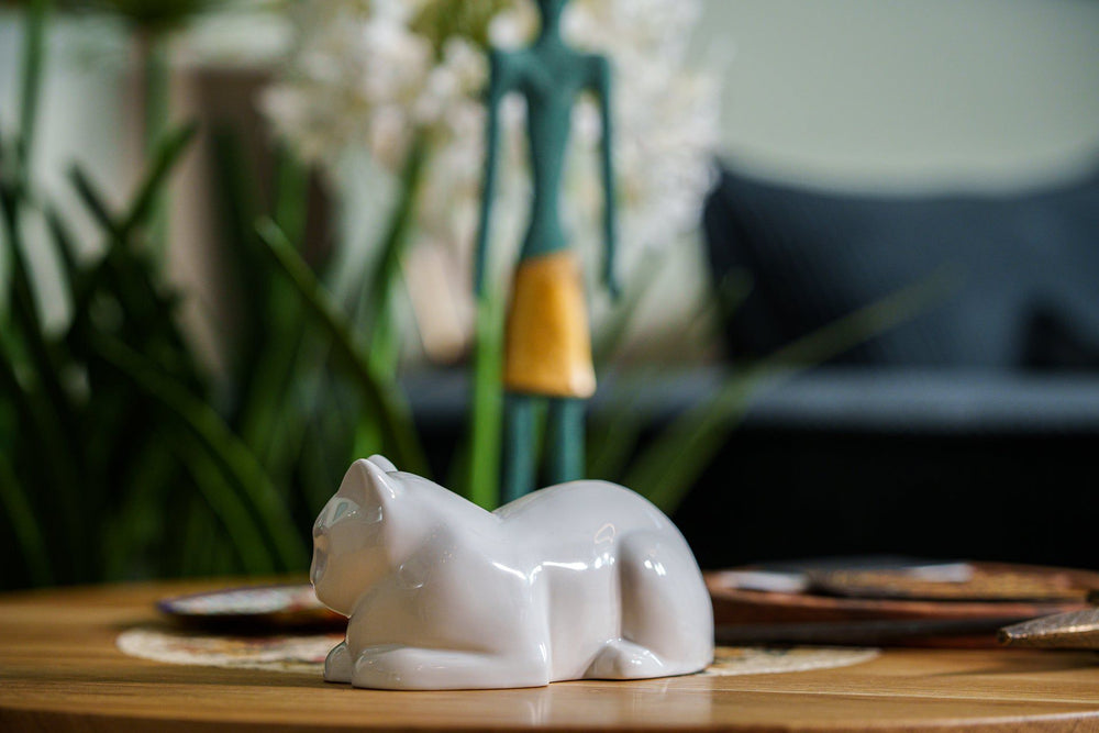 Pulvis Art Urns Pet Urn Mini Laying Cat Cremation Urn - Pearly White| Ceramic