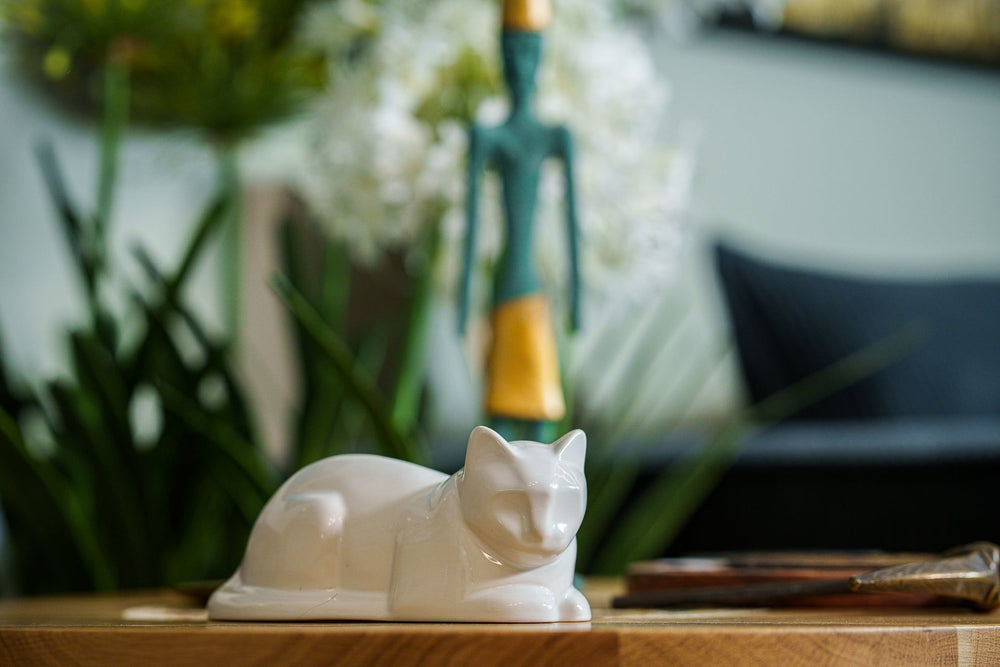 Pulvis Art Urns Pet Urn Mini Laying Cat Cremation Urn - Pearly White| Ceramic