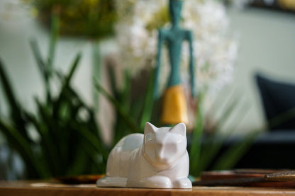 Mini Laying Cat Cremation Urn - White | Ceramic Pet Urn - Pulvis Art Urns