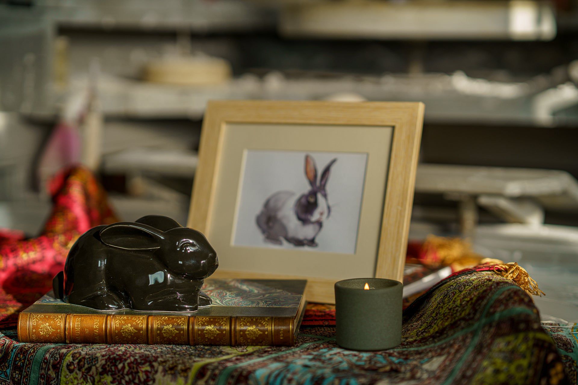 Bunny Memorial Bundle - 4 Pieces - Portrait | Urn | Nameplate Holder | Scented Candle - Pulvis Art Urns
