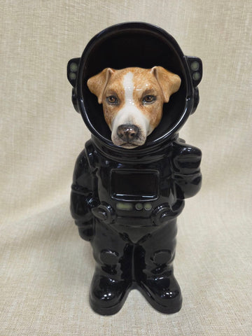 Custom astronaut dog urn with hand-painted pet portrait — Jack Russell