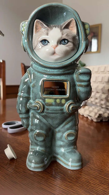 Custom astronaut cat urn with hand-painted pet portrait — Henry