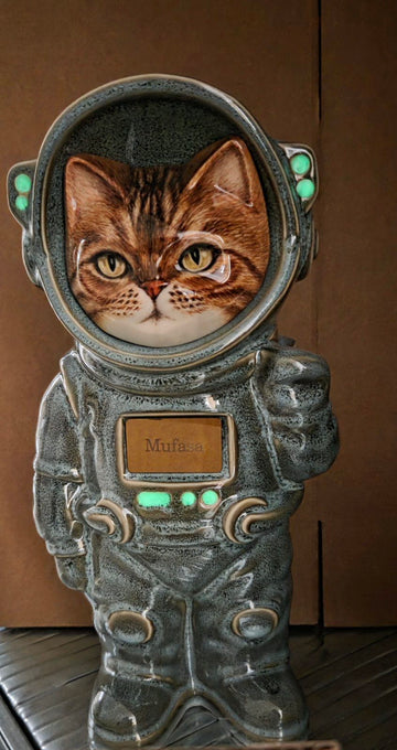 Custom astronaut cat urn with hand-painted pet portrait — Mufasa