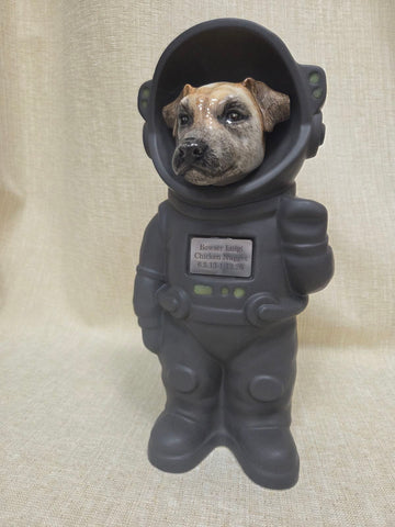 Custom astronaut dog urn with hand-painted pet portrait — Bowser