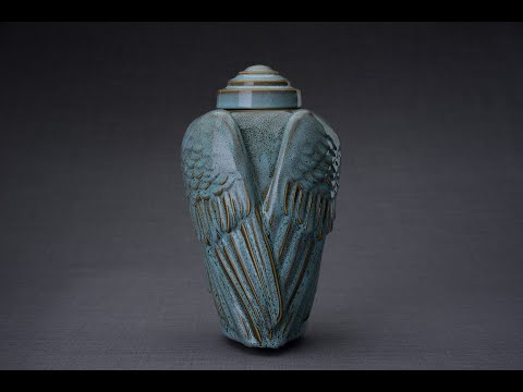 
                  
                    Load and play video in Gallery viewer, Handmade Cremation Urn for Ashes &amp;quot;Wings&amp;quot; - Large | Oily Green Melange | Ceramic
                  
                