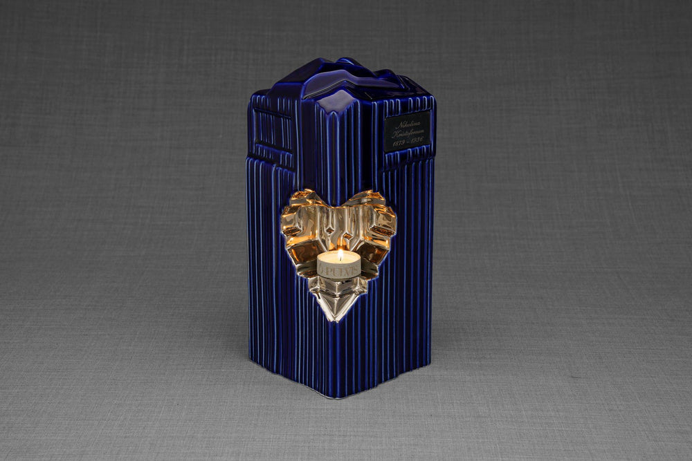 
                  
                    Pulvis Art Urns Adult Size Urn NO (FREE) / PLATINUM (+30$) Cremation Candle Urn for Ashes "Heart" - Large | Blue Night | Ceramic
                  
                