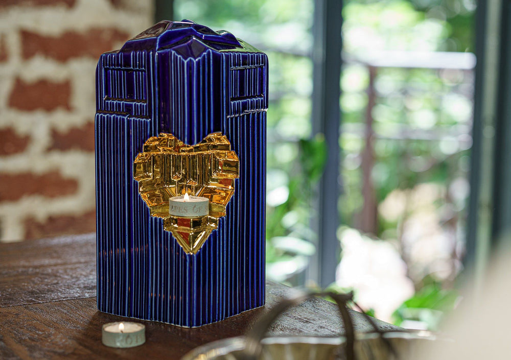 Pulvis Art Urns Adult Size Urn Cremation Candle Urn for Ashes "Heart" - Large | Blue Night | Ceramic