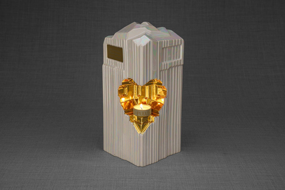 Pulvis Art Urns Adult Size Urn NO (FREE) / GOLD (+20$) Cremation Candle Urn for Ashes "Heart" - Large | Pearly White | Ceramic