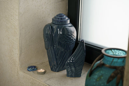 Handmade Cremation Urn for Ashes "Wings" - Large | Blue Melange | Ceramic Urn - Pulvis Art Urns