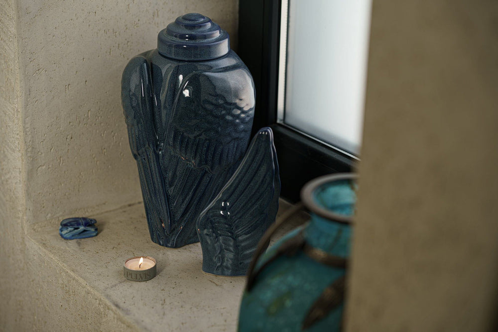 
                  
                    Pulvis Art Urns Adult Size Urn Handmade Cremation Urn for Ashes "Wings" - Large | Blue Melange | Ceramic
                  
                
