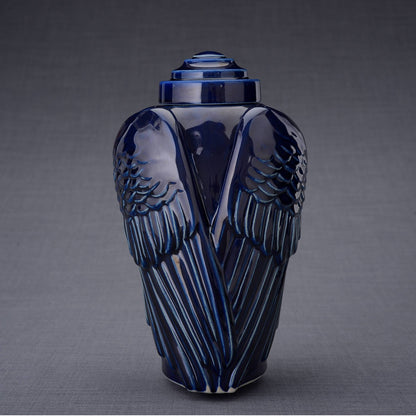 Handmade Cremation Urn for Ashes "Wings" - Large | Cobalt Metallic | Ceramic Urn - Pulvis Art Urns