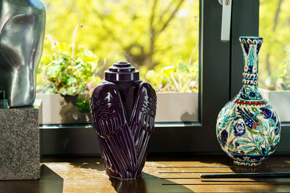 Pulvis Art Urns Adult Size Urn Handmade Cremation Urn for Ashes "Wings" - Large | Violet | Ceramic