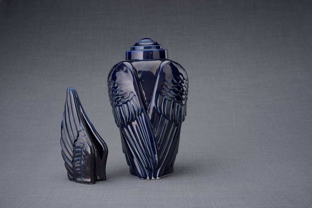 Pulvis Art Urns Keepsake Urn Handmade Cremation Keepsake Urn "Wings" - Small | Cobalt Metallic | Ceramic
