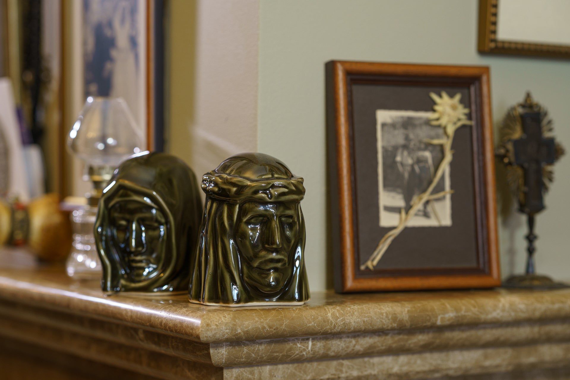 Handmade Mini Keepsake Urn "The Christ" - Oily Green | Ceramic Mini Urn - Pulvis Art Urns