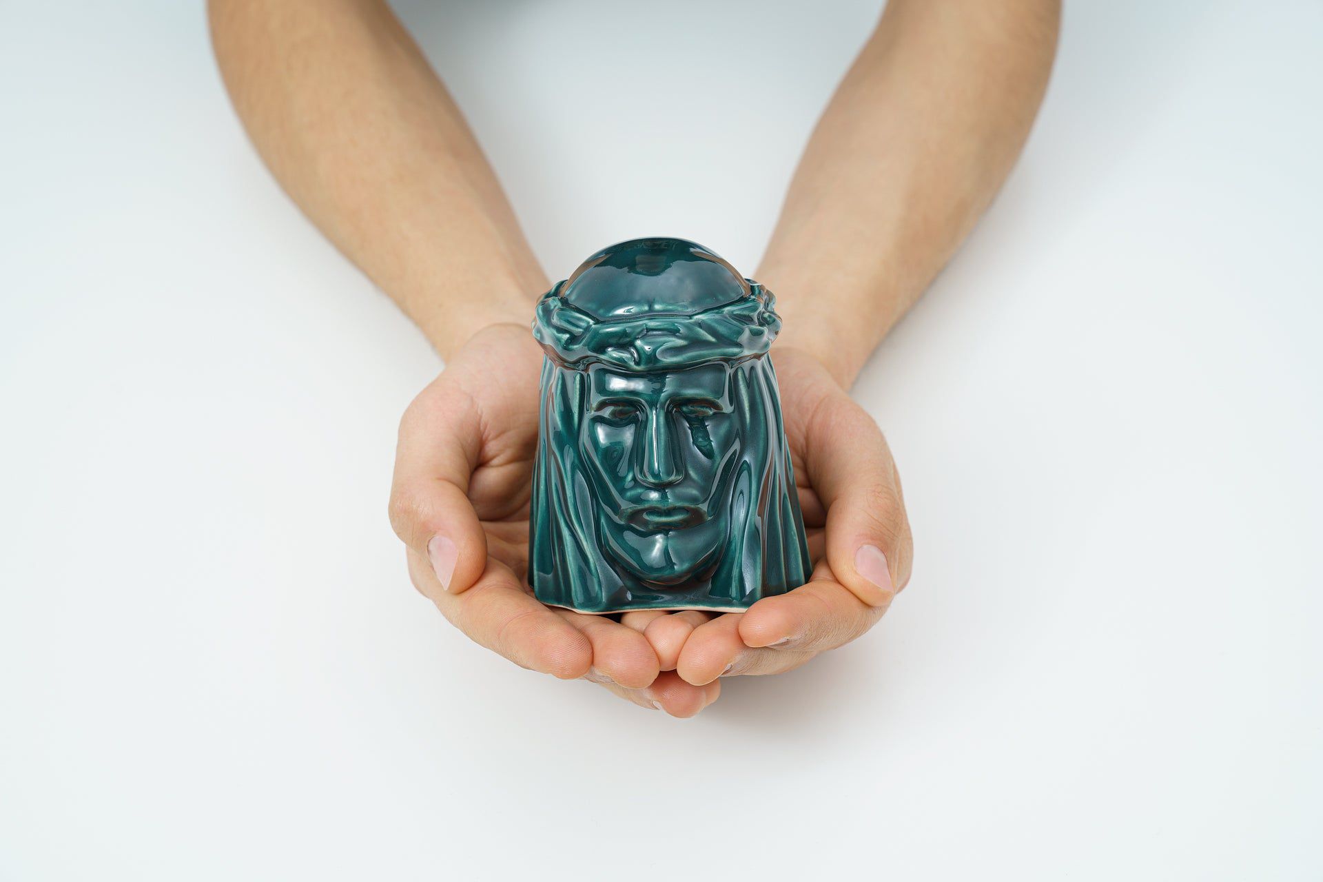 Handmade Mini Keepsake Urn "The Christ" - Oxide Green | Ceramic Mini Urn - Pulvis Art Urns