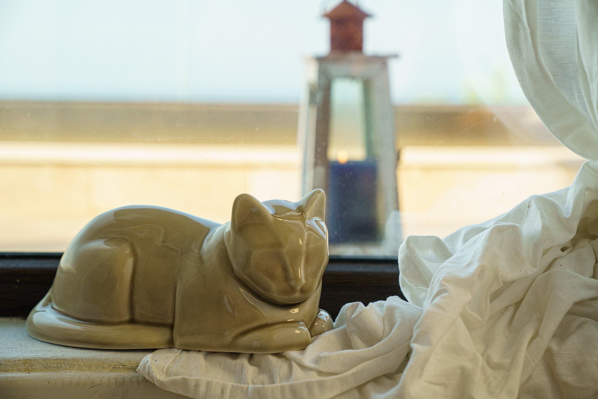 Cat Cremation Urn for Ashes - Beige Grey | Ceramic | Handmade Pet Urn - Pulvis Art Urns