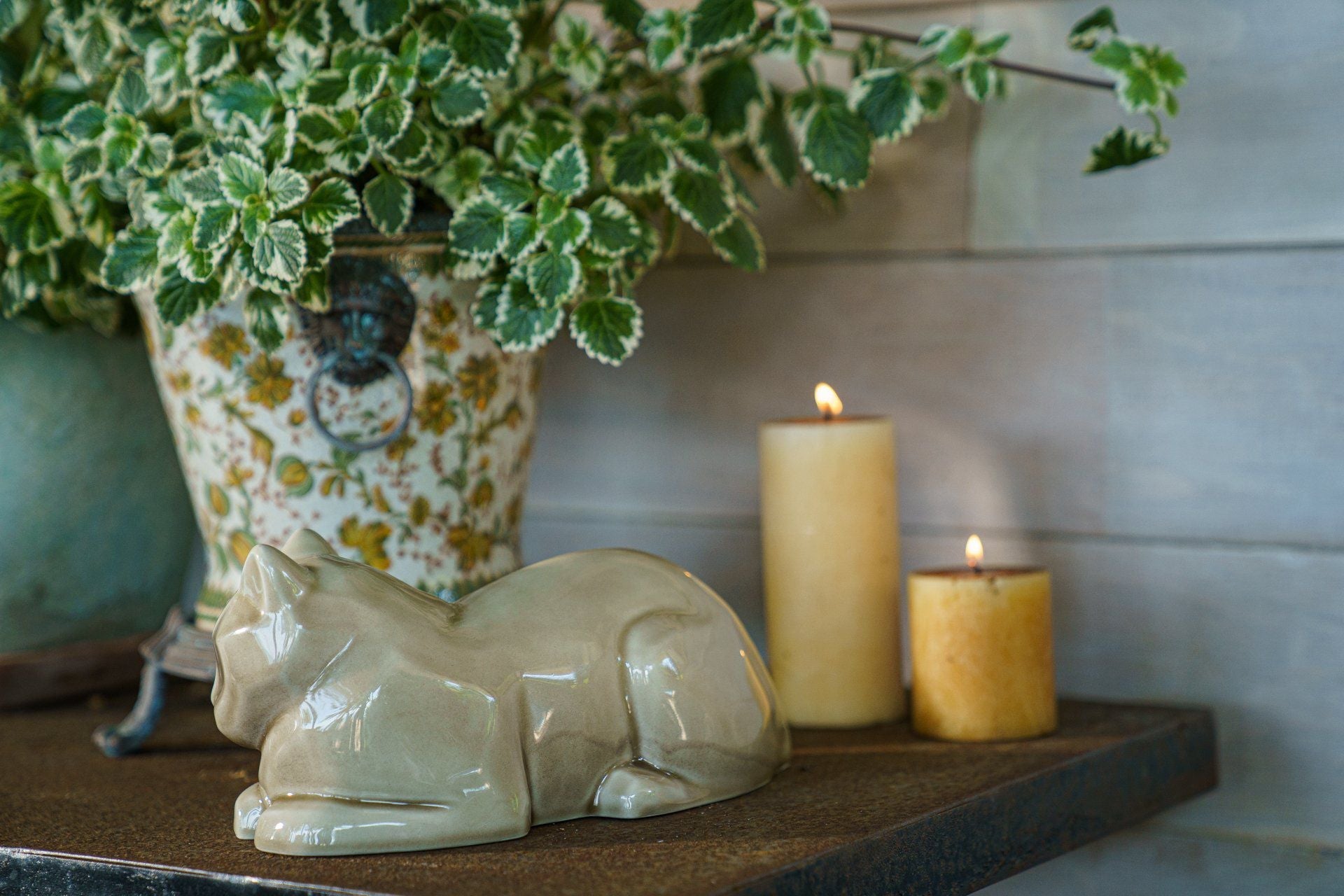 Cat Cremation Urn for Ashes - Beige Grey | Ceramic | Handmade Pet Urn - Pulvis Art Urns