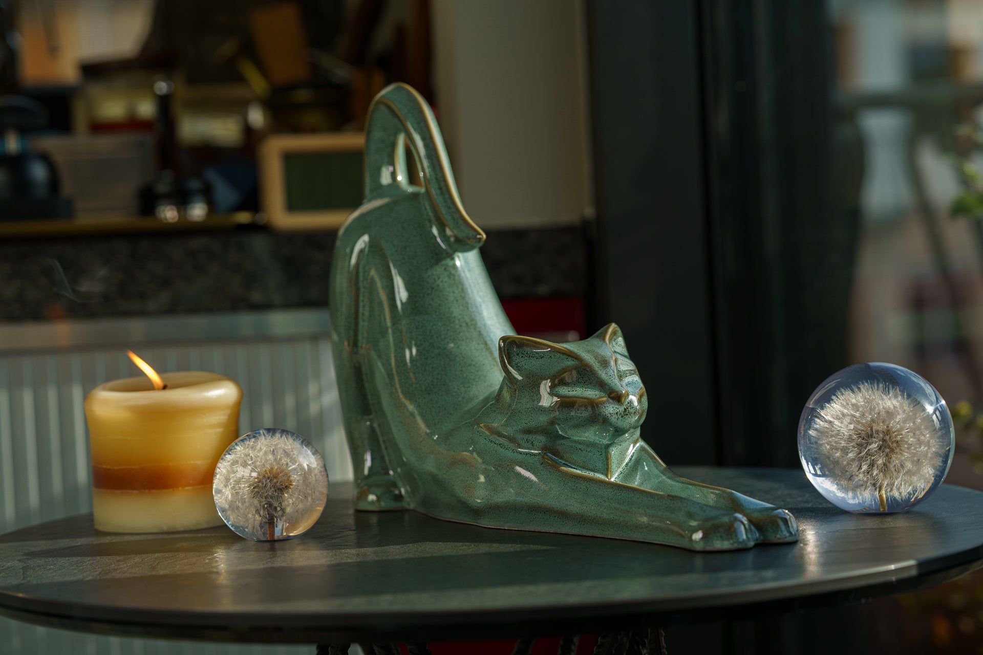 Cat Cremation Urn For Ashes "Grace" - Oily Green Melange | Ceramic Pet Urn - Pulvis Art Urns