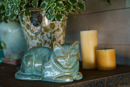 Cat Cremation Urn for Ashes - Green Melange | Ceramic | Handmade Pet Urn - Pulvis Art Urns