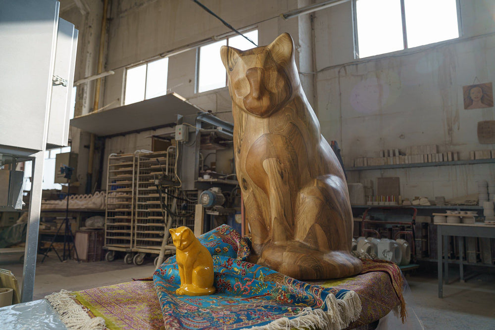 Wooden Cat Statue Memorial Neko Genuine Walnut